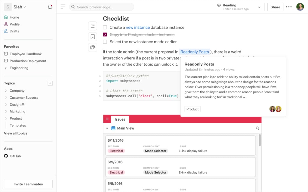 Slab is in the Top 15 Knowledge Base Software & Tools. Image by Nimbus Platform